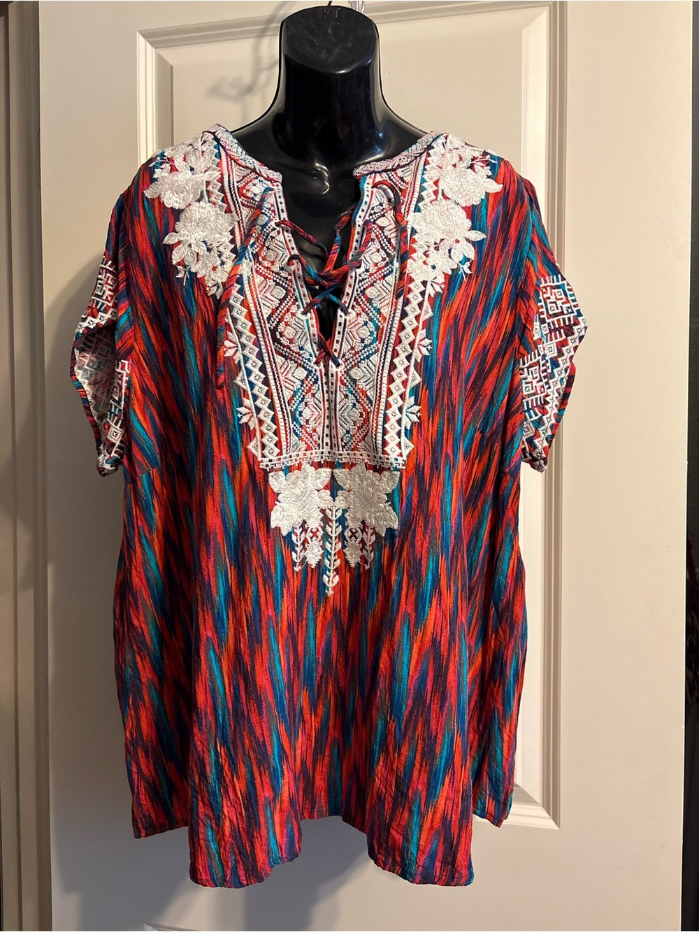 Savanna Jane Red Blue Teal Embroidered Lace-Up Tunic